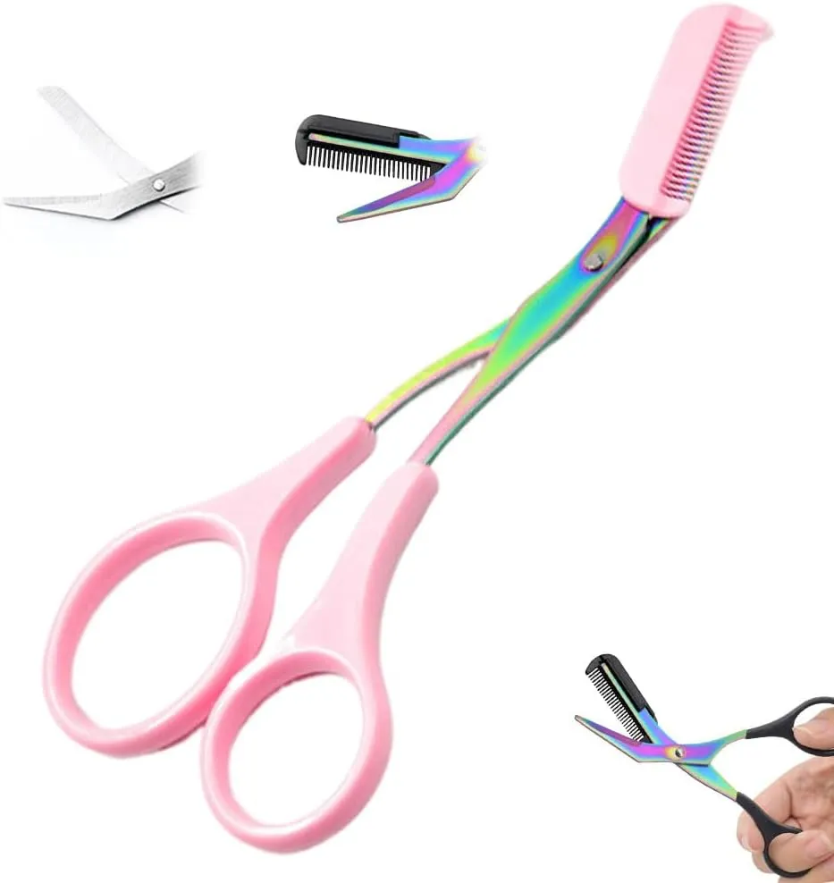 Eyebrow Trimmer Scissor, New 2 in 1 Eyebrow Scissors with Comb, Non-Slip Stainless Steel Eyebrow Trimming Scissors, Eyebrow Cutter Hair Removal Eyebrow Scissor Makeup Tool for Men Women (Pink)