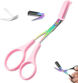 Eyebrow Trimmer Scissor, New 2 in 1 Eyebrow Scissors with Comb, Non-Slip Stainless Steel Eyebrow Trimming Scissors, Eyebrow Cutter Hair Removal Eyebrow Scissor Makeup Tool for Men Women (Pink)