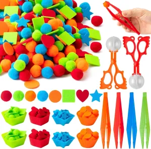 EZdhuawuse Shape Sensory Bin Fillers - 295P Summer Shape Fine Motor Skills Toys Counting Sorting Set for Kids Early Education, Felt Decor Pom Poms Cup Clip for Preschool Counting Sorting Training