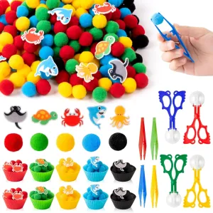 EZdhuawuse Summer Sensory Bin Fillers - 387Pcs Sea Ocean Animal Multi-Pack Fine Motor Toys Math Color Sorting Set for Multiple Kids, Felt Shark Crab Pom Poms Cup Clip for Preschool Education Training