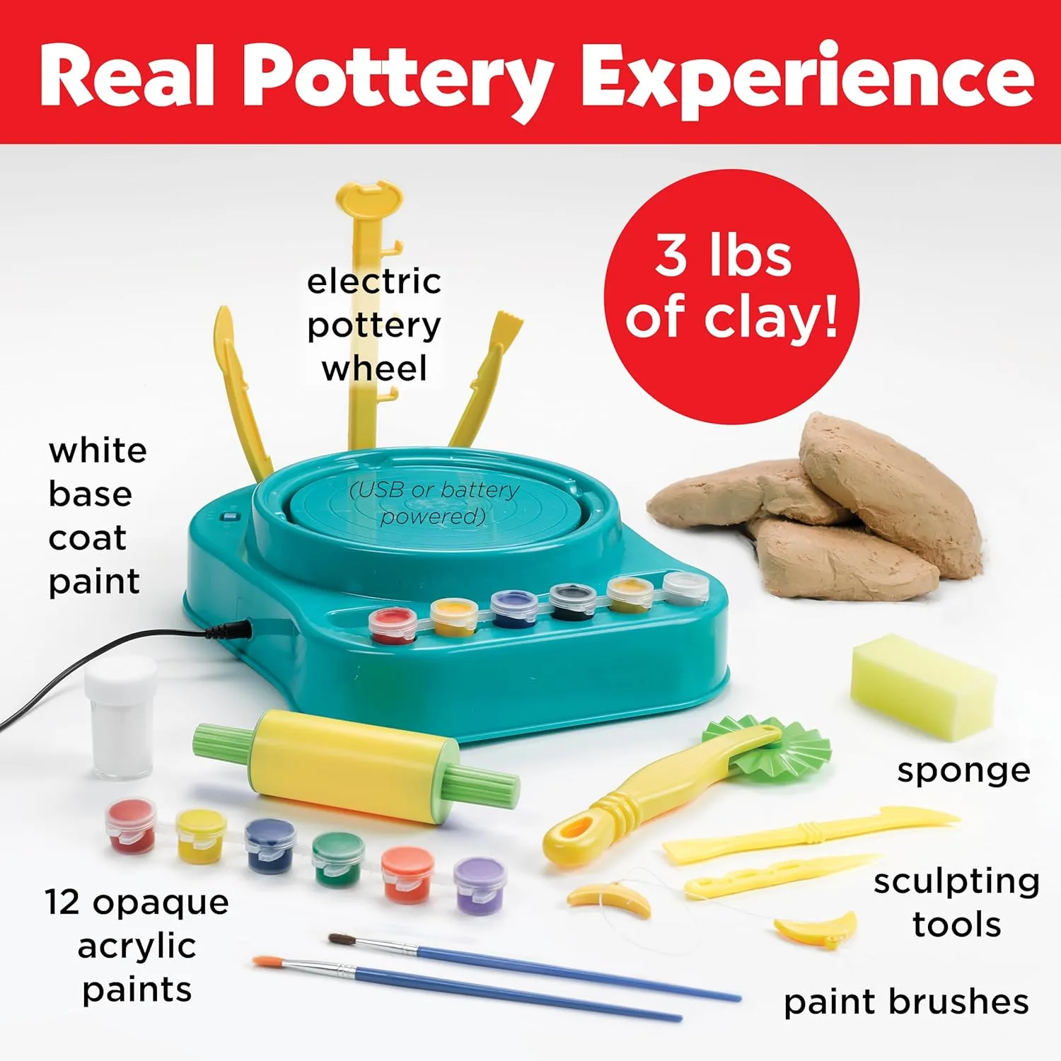 Faber-Castell Pottery Studio - Kids Pottery Wheel Kit for Ages 8 , Complete Pottery Wheel and Painting Kit for Beginners, 3 lbs of Sculpting Clay and Tools