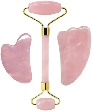 Face Roller Gua Sha Gouache Scraper Natural Amethyst Rose Jade Stones Roller and Guasha Set Facial Lift Skin Care Tools, Type 1