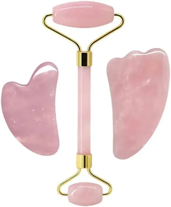 Face Roller Gua Sha Gouache Scraper Natural Amethyst Rose Jade Stones Roller and Guasha Set Facial Lift Skin Care Tools, Type 1