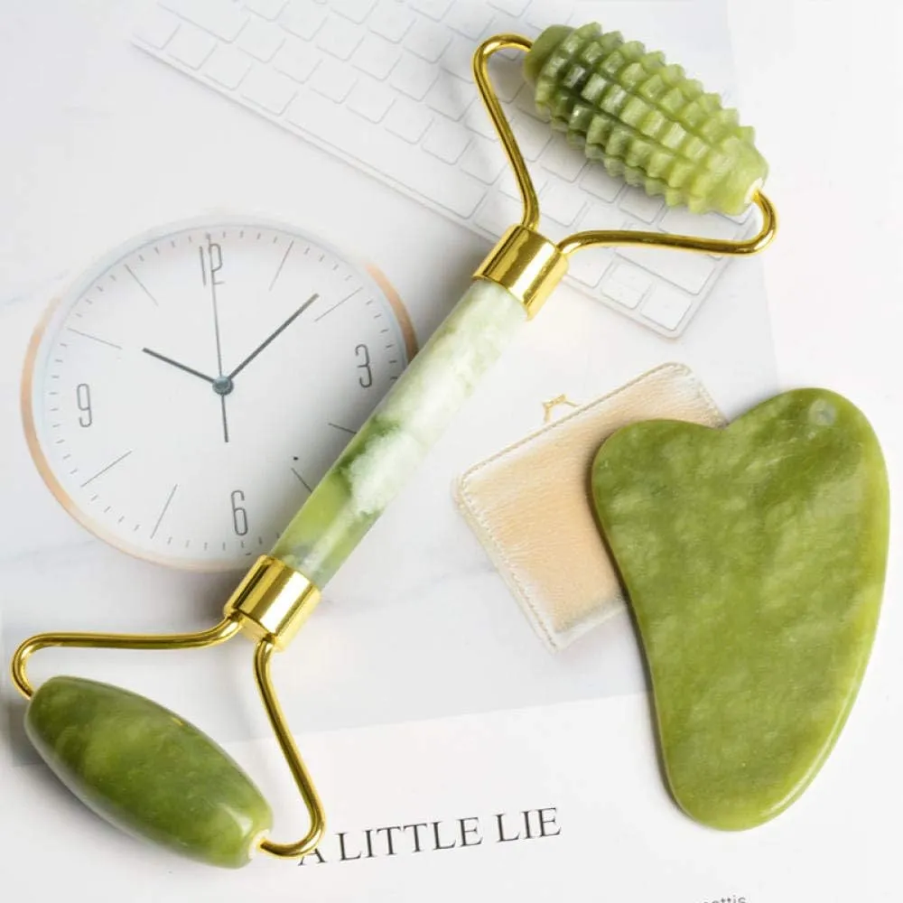 Facial Jade Massage Roller Set, Guasha Board Double Heads Jade Roller for face Natural Stone Massage Slimming Board Beauty Neck-CN4_Single Heads D
