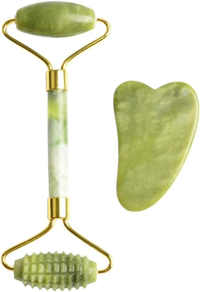 Facial Jade Massage Roller Set, Guasha Board Double Heads Jade Roller for face Natural Stone Massage Slimming Board Beauty Neck-CN4_Single Heads D