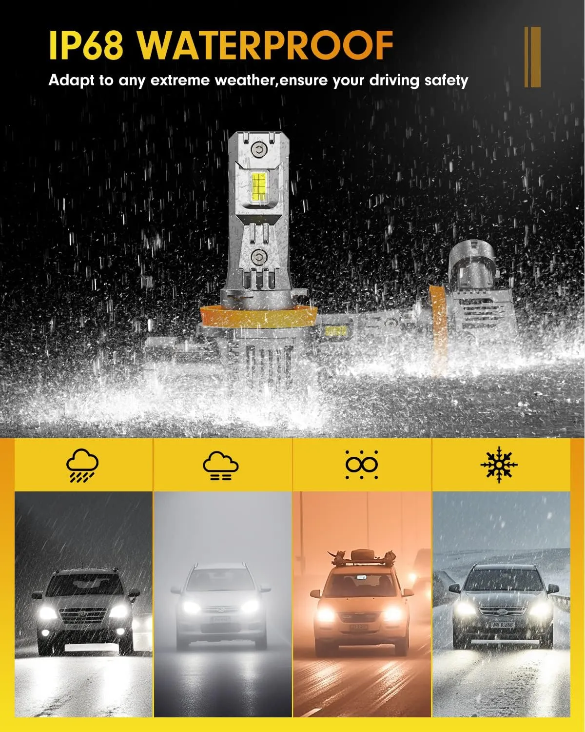 FAHREN 9005/HB3 H11/H8/H9 Fog Lights Combo – Super Bright 80,000LM 900% Brighter, 2025 Updated Light Bulbs, 1:1 Mini Size, 6500K Cool White, Quick Install, True Plug & Play, Pack of 4