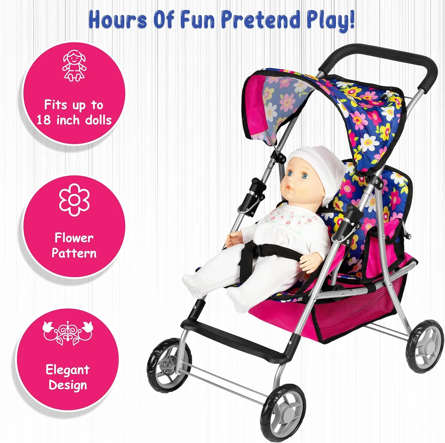 fash n kolor Twin Baby Doll Stroller - Pretend Play Baby Stroller for Dolls - Toy Stroller with Storage Basket for Baby Doll Accessories Set - Flower Design Baby Stroller Toy for Kids - Folds Easily