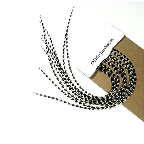 Feather Hair Extension – Long Real Natural Black and White Stripped Grizzly Feathers, All Single Feathers, Ranging From 7 to 10 Inches in Length, With a Total of 10 Feathers