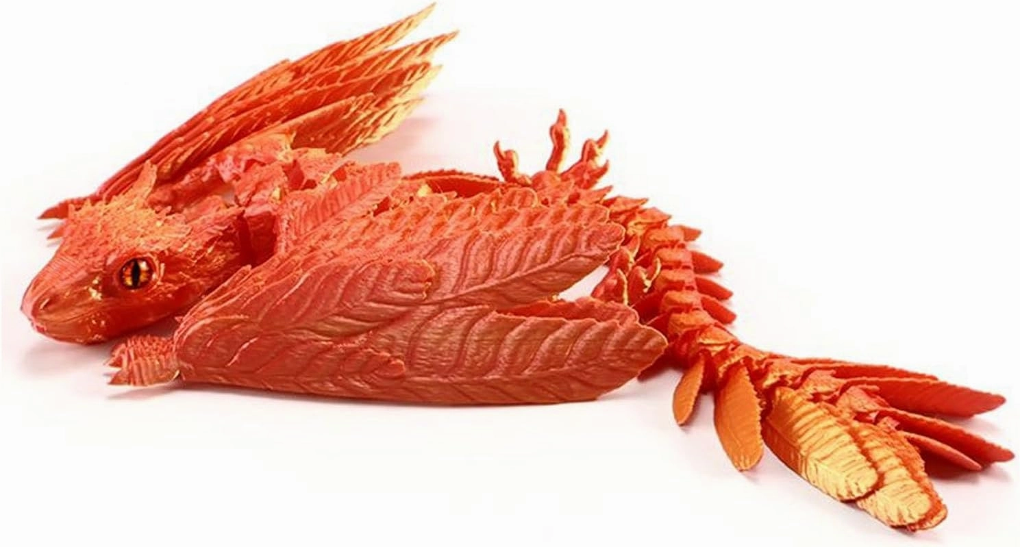 Feathered Wyvern Dragon,3D Printed Dragon with Wings，Articulated Dragon,Fidget Dragon,3D Printed Toys,Desktop Pet (Red-Gold)