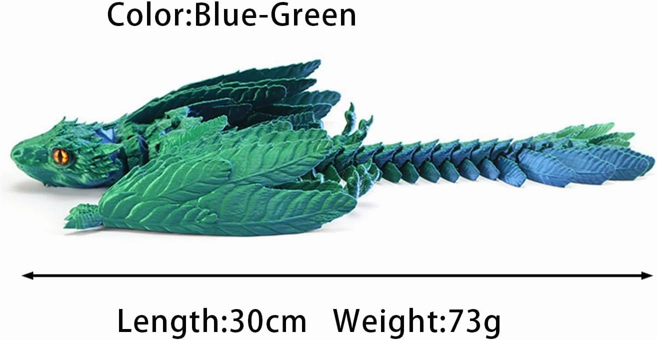Feathered Wyvern Dragon, 3D Printed Dragon with Wings，Articulated Fidget Toy, 3D Printed Toys, Desktop Pet (Blue-Green)