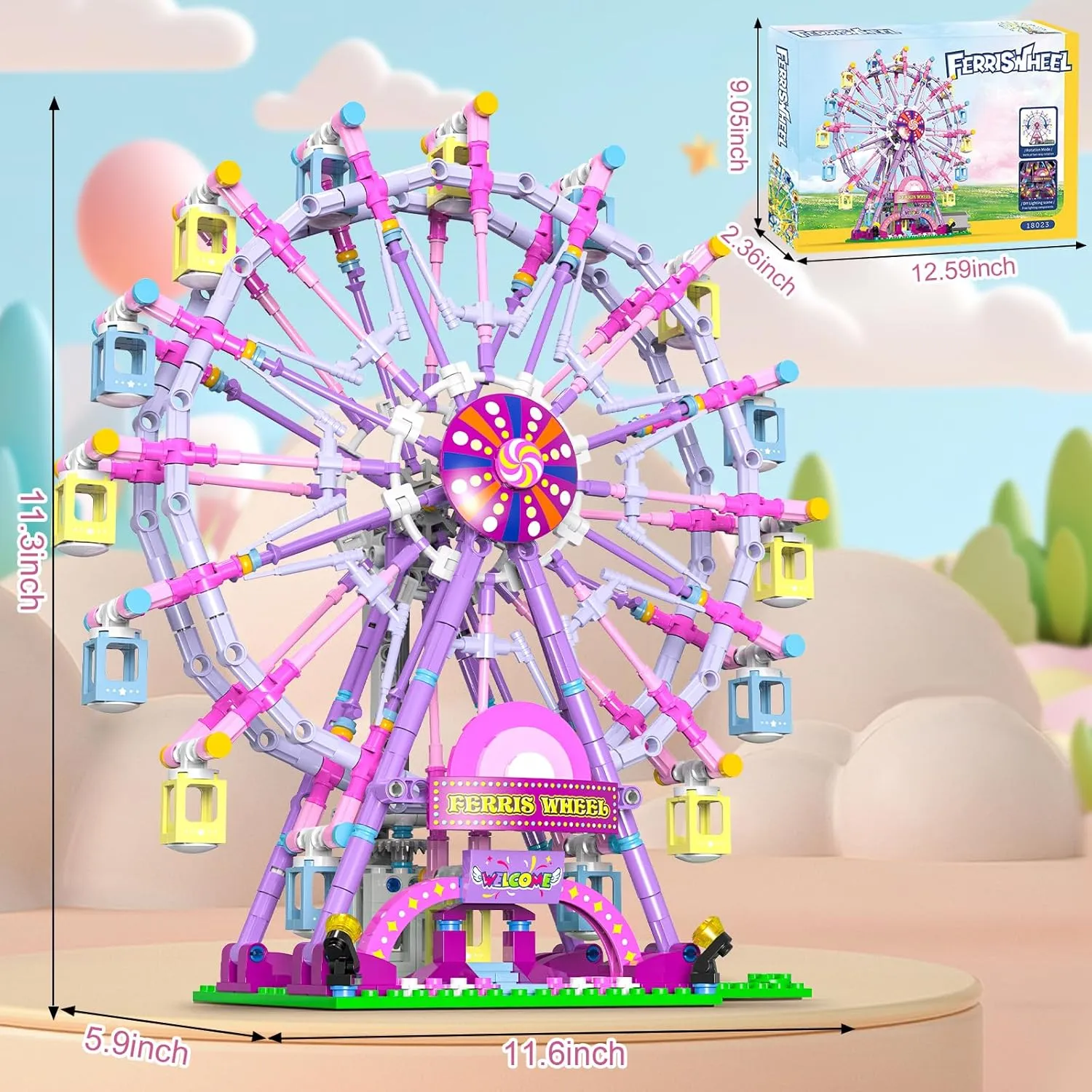 Ferris Wheel Building Set with Fairy Lights, Two-Way Rotation,STEM Learning Toy for Ages 8-12,Amusement Park Construction Kit for Boys, Girls, 8 9 10 11 12 13 14 and Adults,813Piece (Pink)