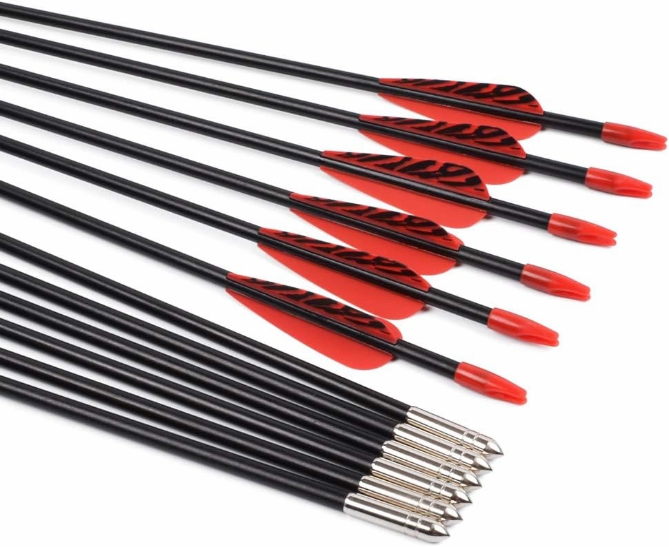 Fiberglass Arrows Archery 24 26 28 30 Inch Target Shooting Practice Safetyglass with Red Spots Vanes for Recurve Bows Suitable for Youth Children Woman Beginner 6/12 PCS