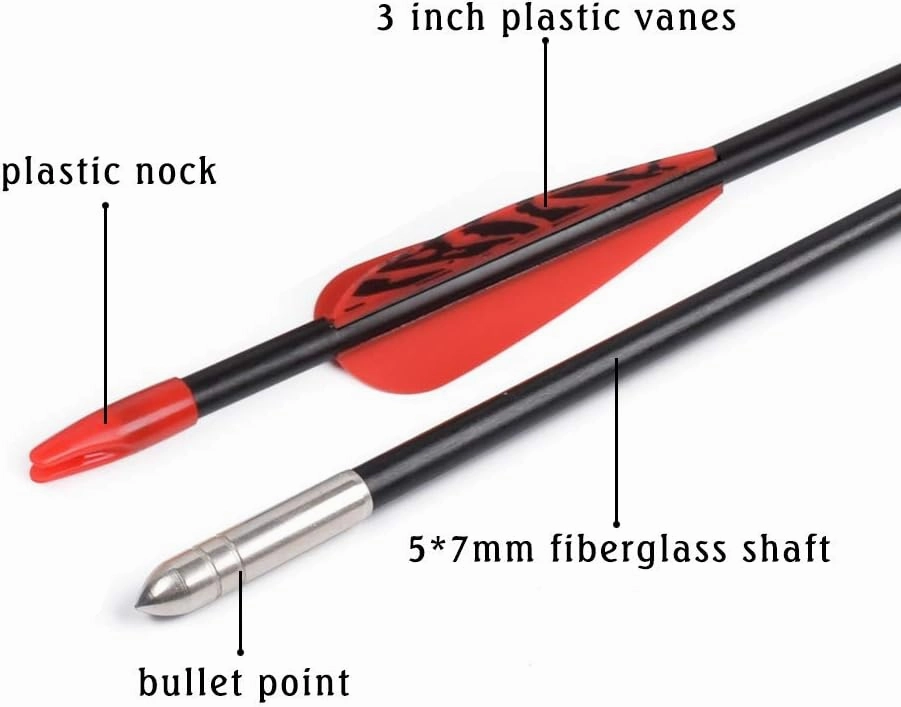 Fiberglass Arrows Archery 24 26 28 30 Inch Target Shooting Practice Safetyglass with Red Spots Vanes for Recurve Bows Suitable for Youth Children Woman Beginner 6/12 PCS