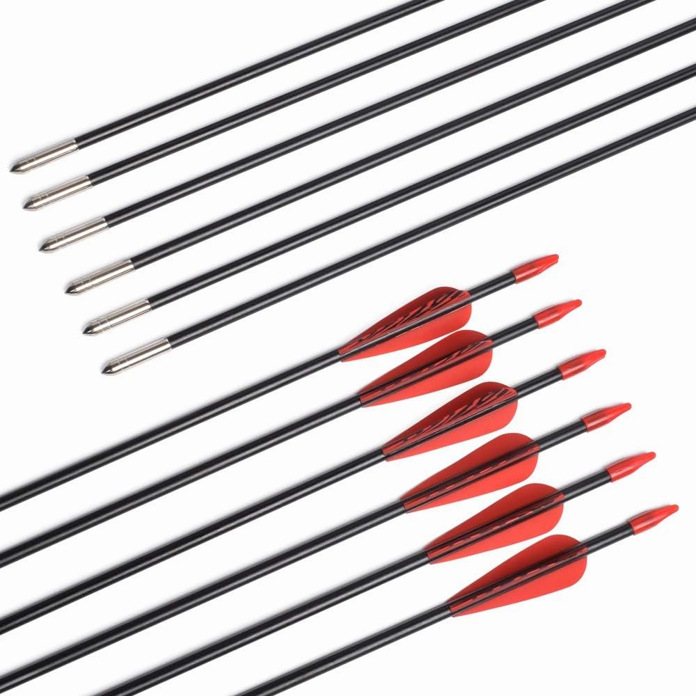Fiberglass Arrows Archery 24 26 28 30 Inch Target Shooting Practice Safetyglass with Red Spots Vanes for Recurve Bows Suitable for Youth Children Woman Beginner 6/12 PCS