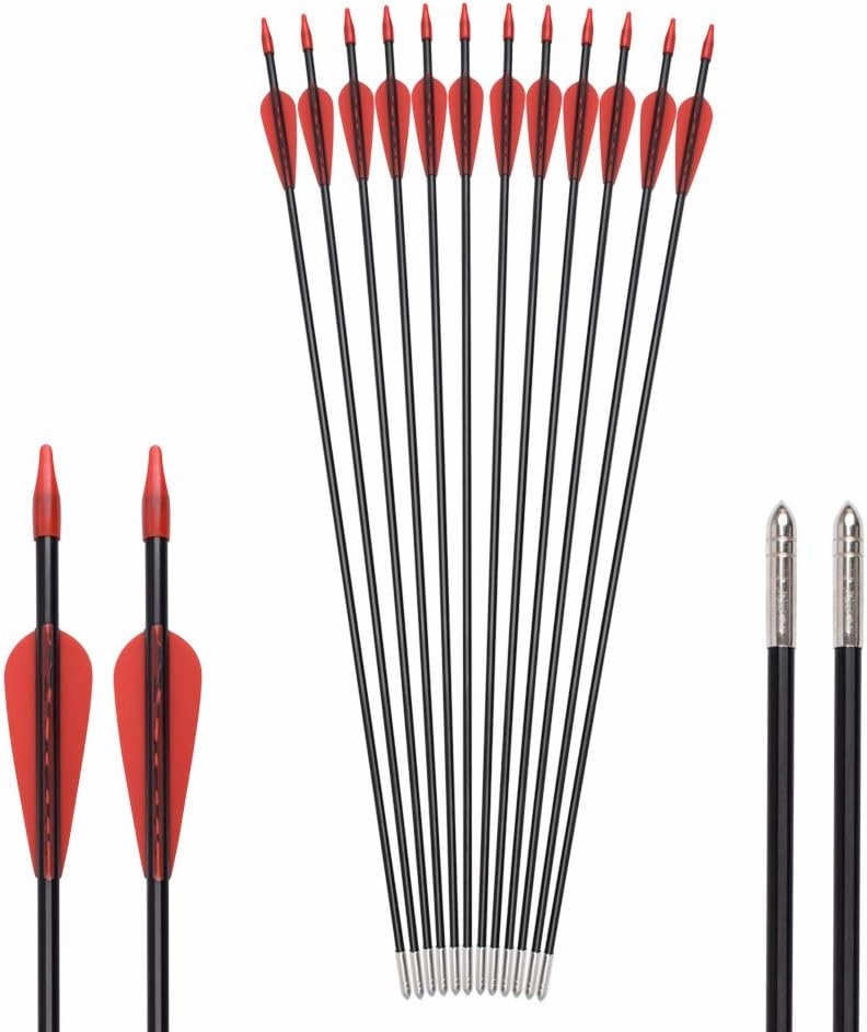 Fiberglass Arrows Archery 24 26 28 30 Inch Target Shooting Practice Safetyglass with Red Spots Vanes for Recurve Bows Suitable for Youth Children Woman Beginner 6/12 PCS