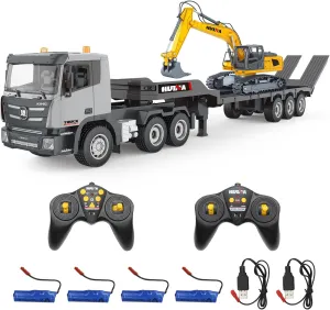 Fistone RC Semi Truck & Excavator Set, 2.4Ghz Remote Control Toys, 1:24 RC Semi-Trailer Engineering Tractor With Sound and Lights, Construction Vehicles for Boys