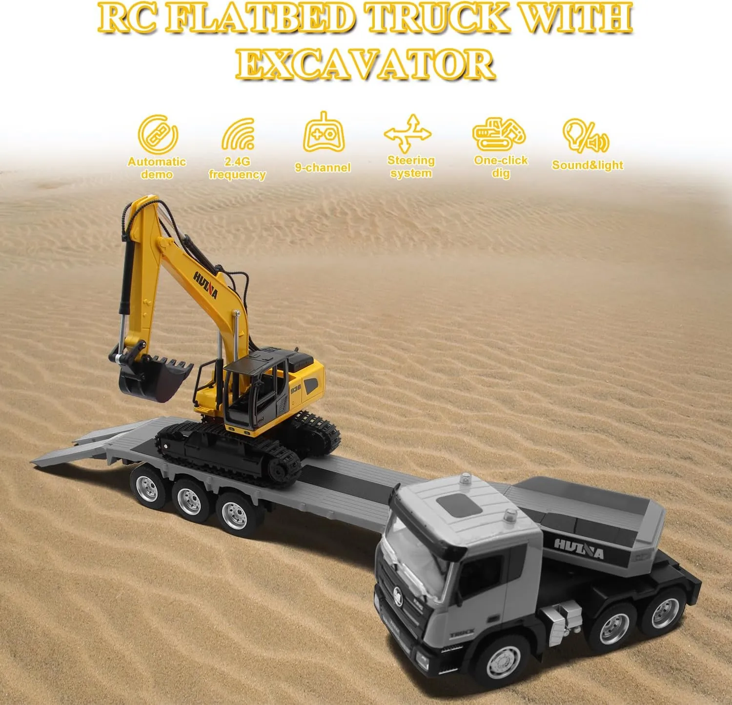 Fistone RC Semi Truck & Excavator Set, 2.4Ghz Remote Control Toys, 1:24 RC Semi-Trailer Engineering Tractor With Sound and Lights, Construction Vehicles for Boys