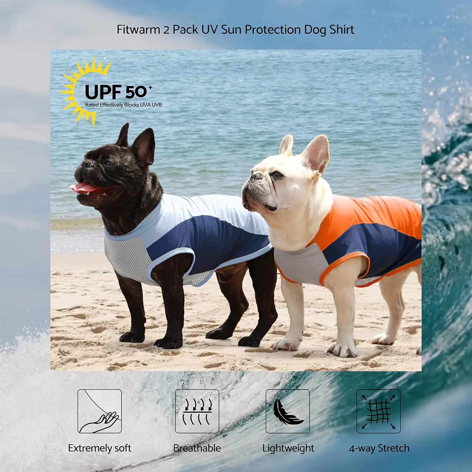 Fitwarm 2 Pack UPF 50  UV Sun Protection Dog Shirt, Quick Dry Summer Dog Clothes for Small Dogs Boy Girl, Reflective Label, Lightweight Breathable Cooling Vest, Pet Cat Outfit, Orange, Blue, XL
