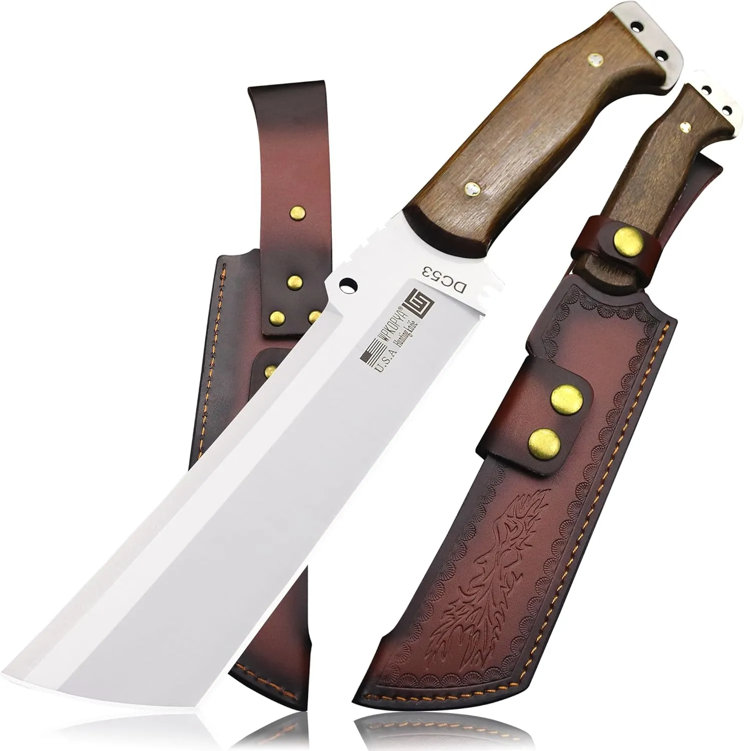 Fixed Blade Outdoor Knife with Leather Sheath, DC53 Steel Full Tang, 6.6” Sharp Blade, Wooden Handle, 13.6” Tactical Survival Knife for Camping, Hiking, Bushcraft, Cooking & Utility Use