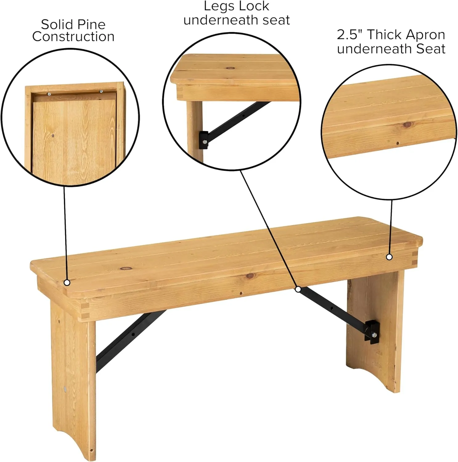 Flash Furniture HERCULES 40" x 12" Folding Farm Bench, Solid Pine Entryway Bench in Light Natural