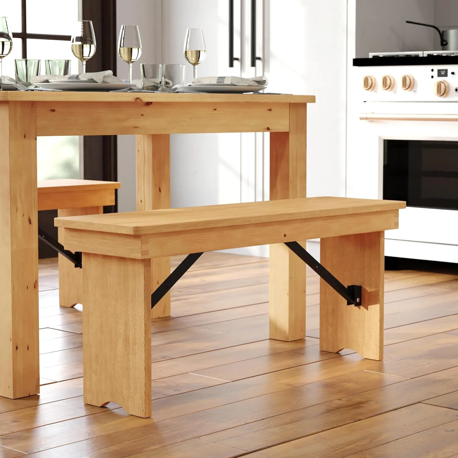 Flash Furniture HERCULES 40" x 12" Folding Farm Bench, Solid Pine Entryway Bench in Light Natural