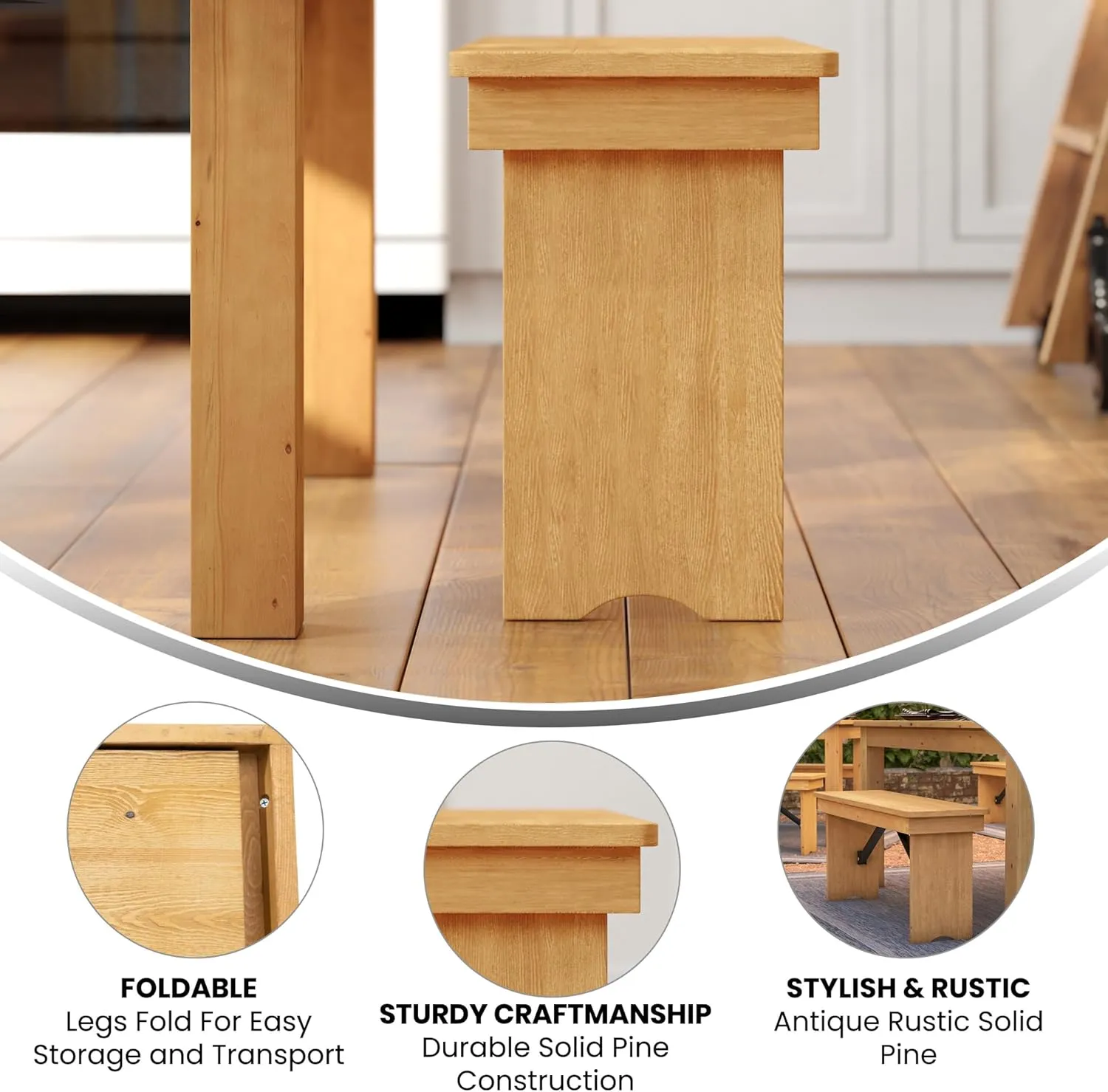 Flash Furniture HERCULES 40" x 12" Folding Farm Bench, Solid Pine Entryway Bench in Light Natural
