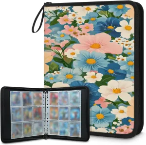 Flowers 3 Ring Trading Zipper Binder Strap, Trading Card Binder 4 Pocket, 400 Pockets Card Holder with 50 Removable Sleeves for Game Cards