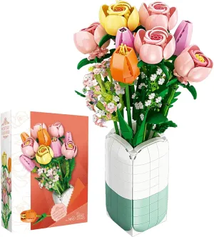 Flowers Bouquet Building Set with Vase - 1011 PCS Bricks Blocks Toy for Adults & Kids, Tulips & Roses Artificial Flowers Botanical Collection, Gifts for Christmas, Mother's Day