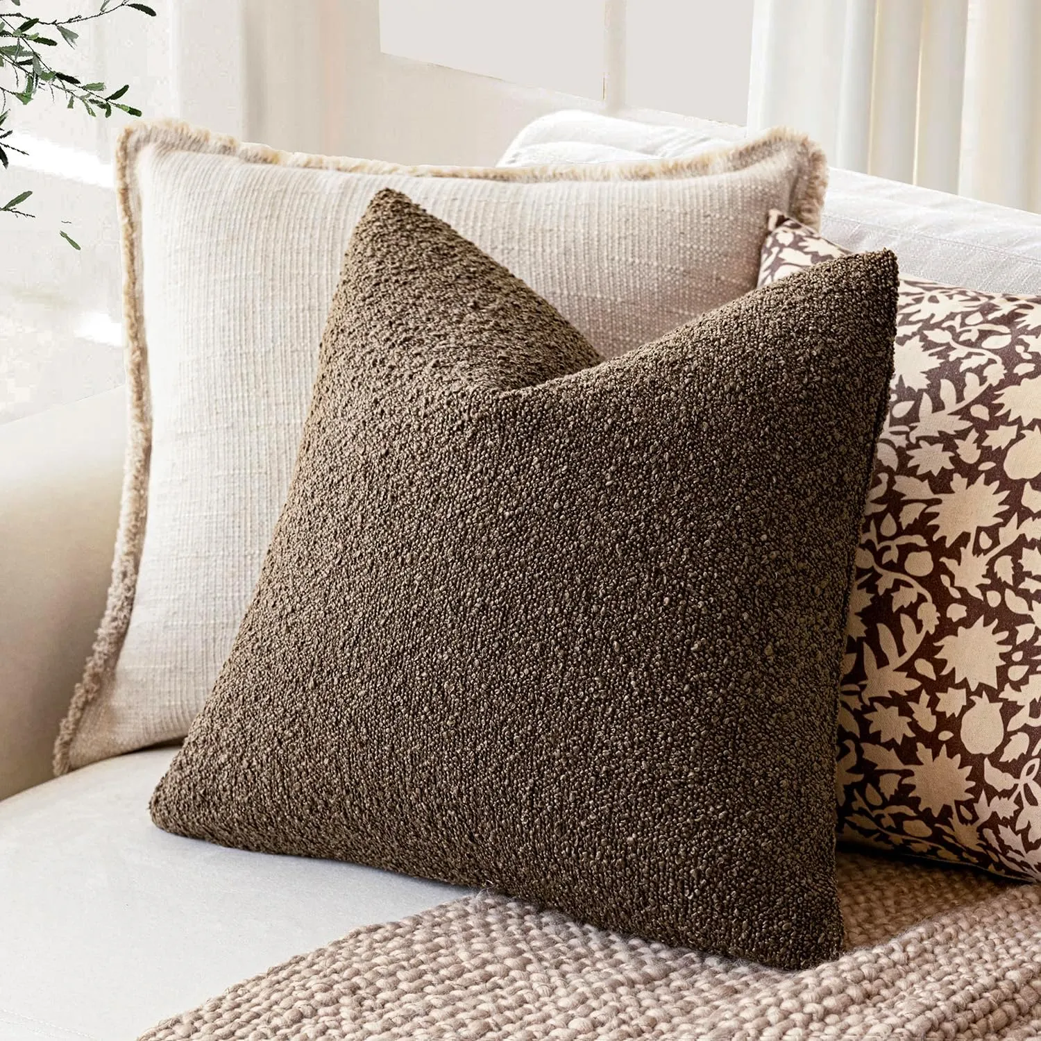 Foindtower Pack of 2 Textured Boucle Throw Pillow Covers Accent Solid Pillow Cases Cozy Soft Decorative Couch Cushion Case for Chair Sofa Bedroom Living Room Home Decor 18x18 Inch Light Brown