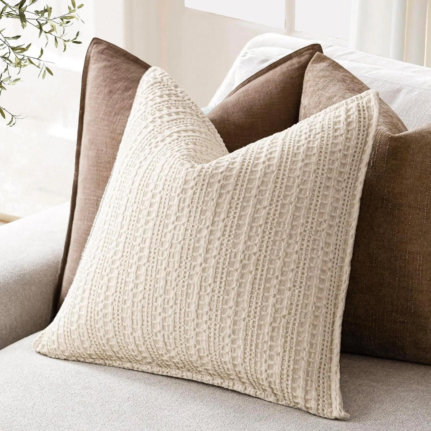 Foindtower Set of 2 Decorative Cotton Waffle Weave Throw Pillow Covers Euro Shams Cushion Covers Accent European Pillowcase for Bed Couch Sofa Bedroom Living Room Home Decor 18×18 Inch Natural Beige