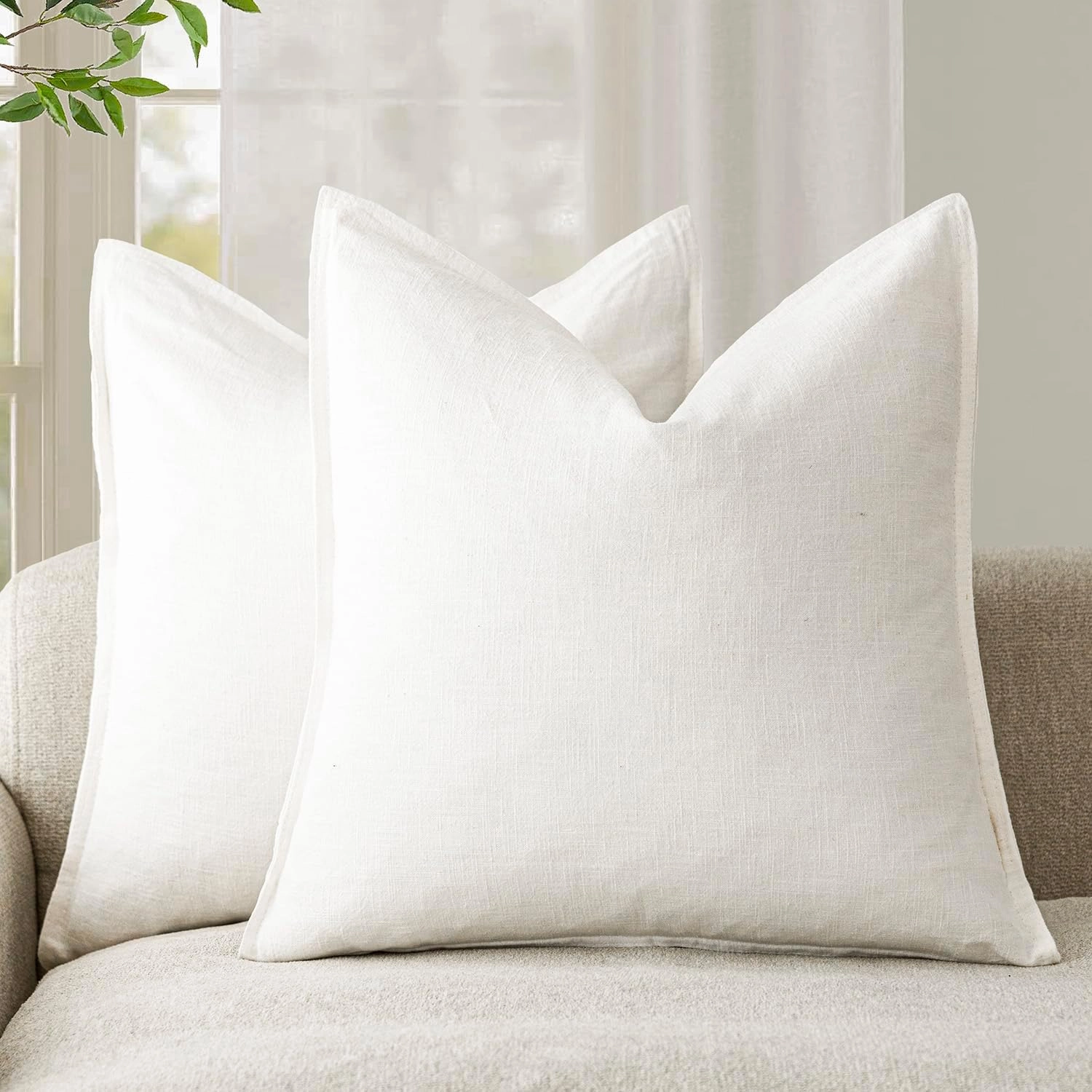 Foindtower Pack of 2, Decorative Linen Soild Throw Pillow Covers Soft Accent Cushion Case Boho Farmhouse Neutral Pillowcase for Chair Couch Sofa Bedroom Living Room Home Decor 16 x 16 Inch Cream White