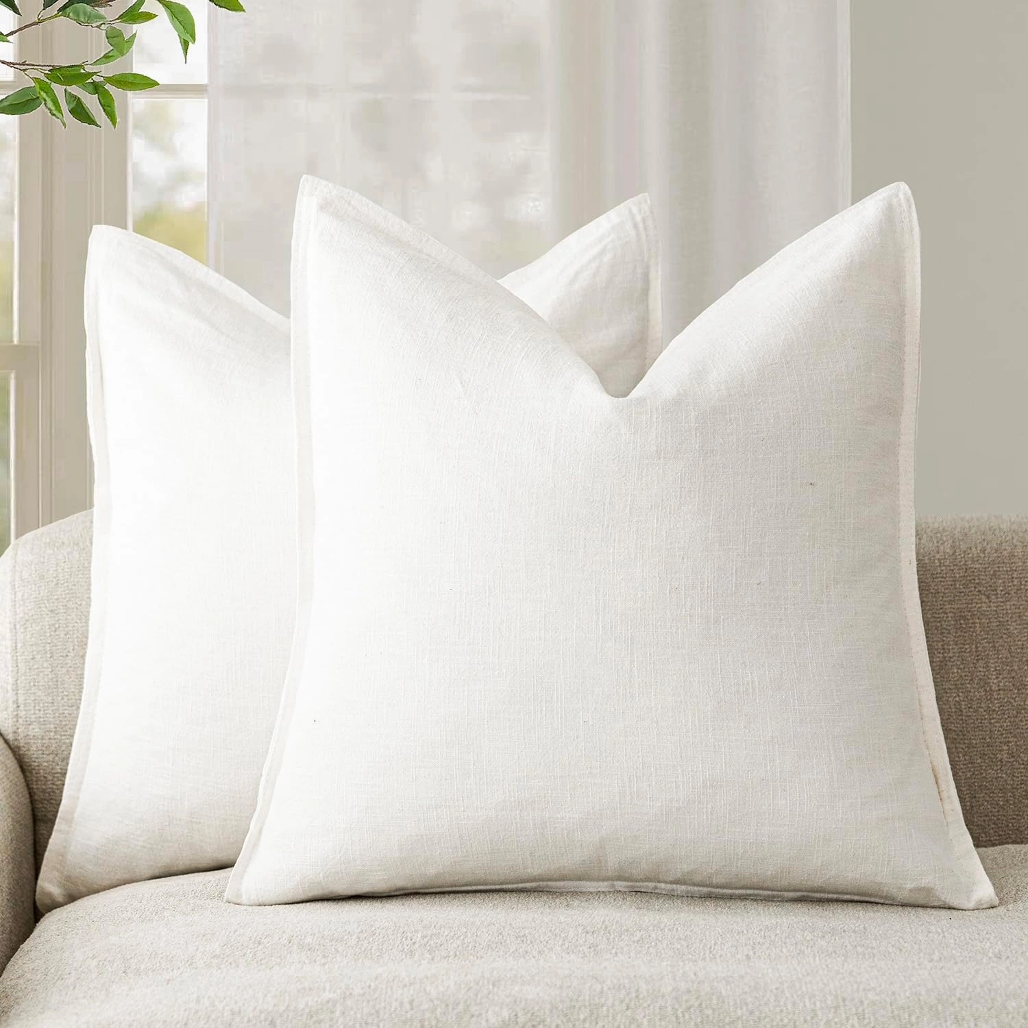 Foindtower Pack of 2, Decorative Linen Soild Throw Pillow Covers Soft Accent Cushion Case Boho Farmhouse Neutral Pillowcase for Chair Couch Sofa Bedroom Living Room Home Decor 20 x 20 Inch Cream White