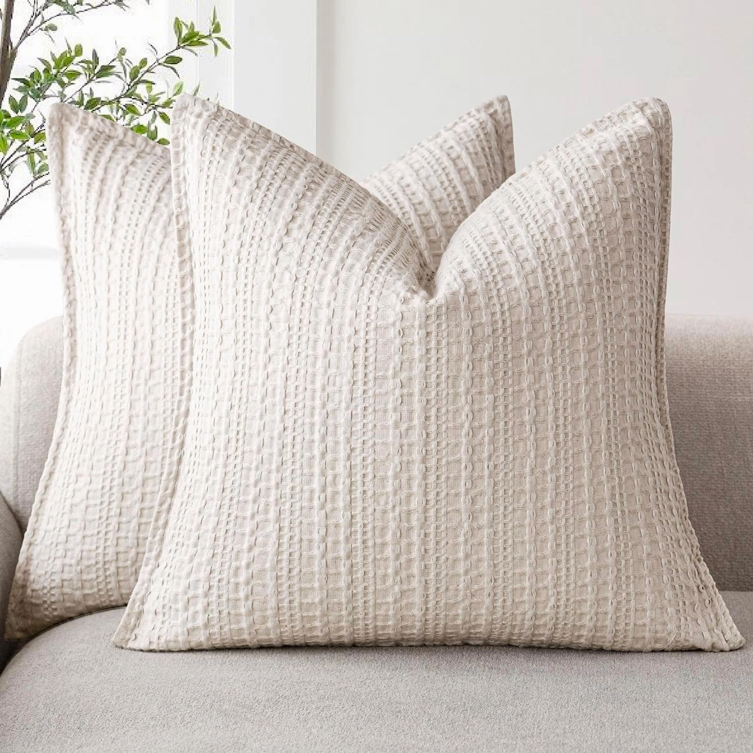 Foindtower Set of 2 Decorative Cotton Waffle Weave Textured Throw Pillow Covers Euro Sham Cushion Covers Accent European Pillowcase For Bed Couch Sofa Bedroom Living Room Home Decor 18×18 Inch Oatmeal