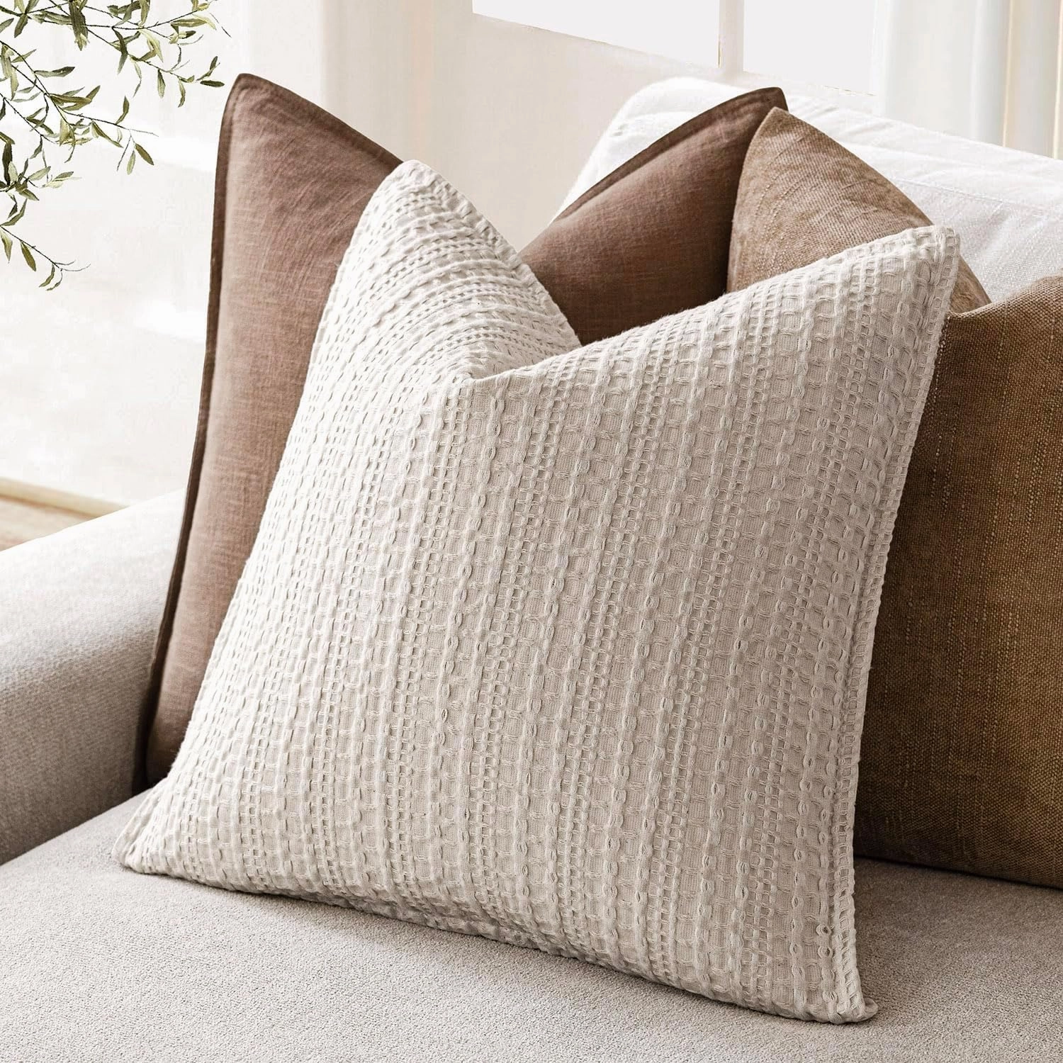Foindtower Set of 2 Decorative Cotton Waffle Weave Textured Throw Pillow Covers Euro Sham Cushion Covers Accent European Pillowcase For Bed Couch Sofa Bedroom Living Room Home Decor 18×18 Inch Oatmeal