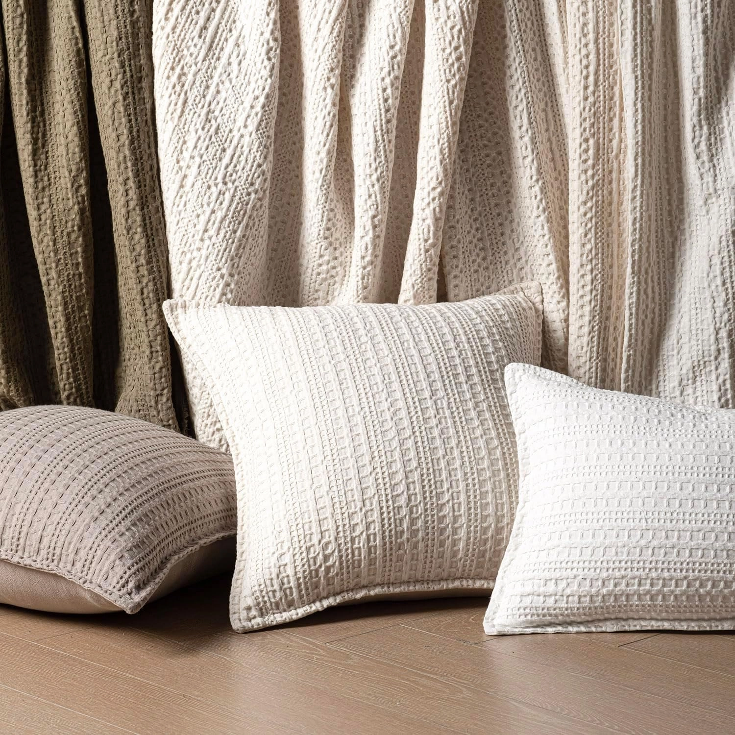 Foindtower Set of 2 Decorative Cotton Waffle Weave Throw Pillow Covers Euro Shams Cushion Covers Accent European Pillowcase for Bed Couch Sofa Bedroom Living Room Home Decor 18×18 Inch Natural Ivory