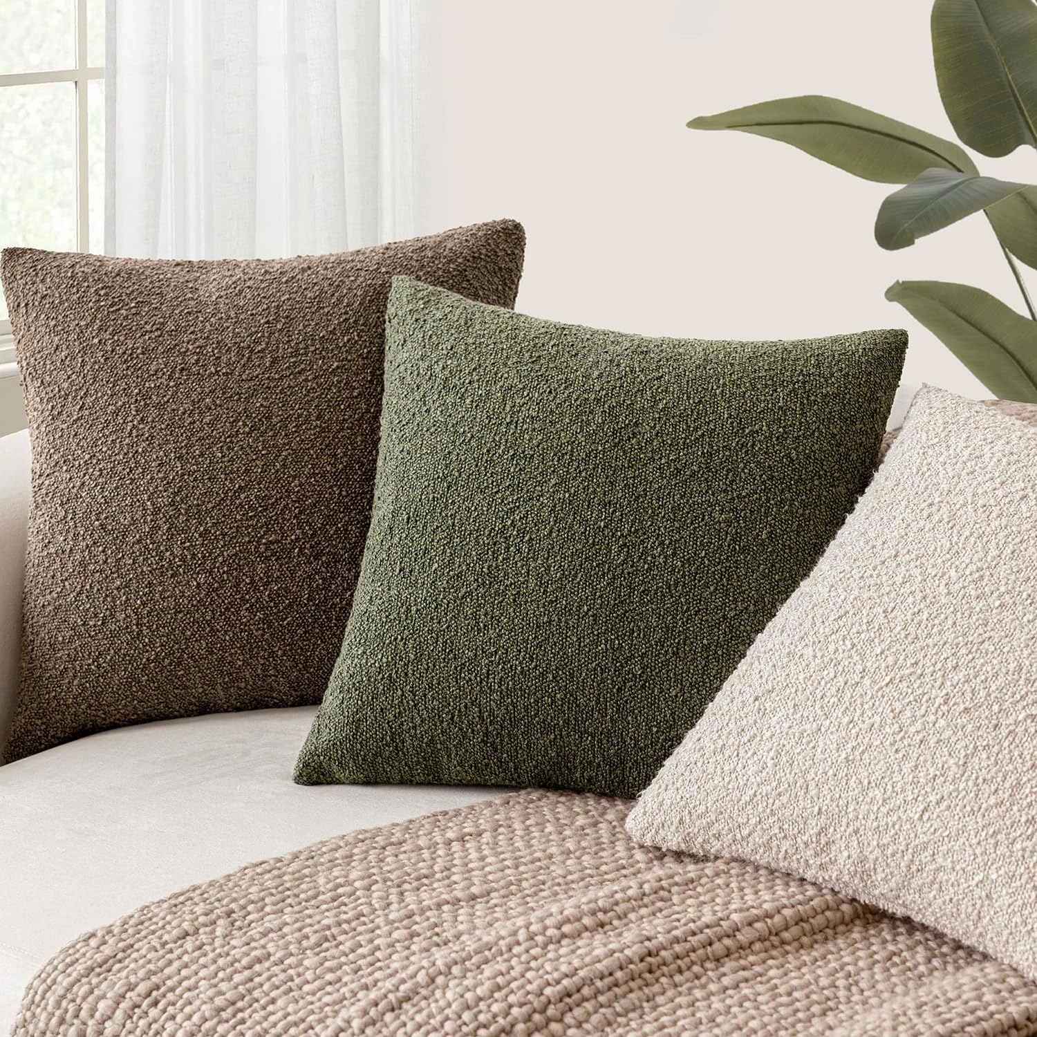 Foindtower Set of 2, Decorative Textured Boucle Throw Pillow Covers Accent Solid Pillow Cases Neutral Soft Cozy Couch Cushion Case for Chair Sofa Bedroom Living Room Home Decor 16x16 Inch Light Brown