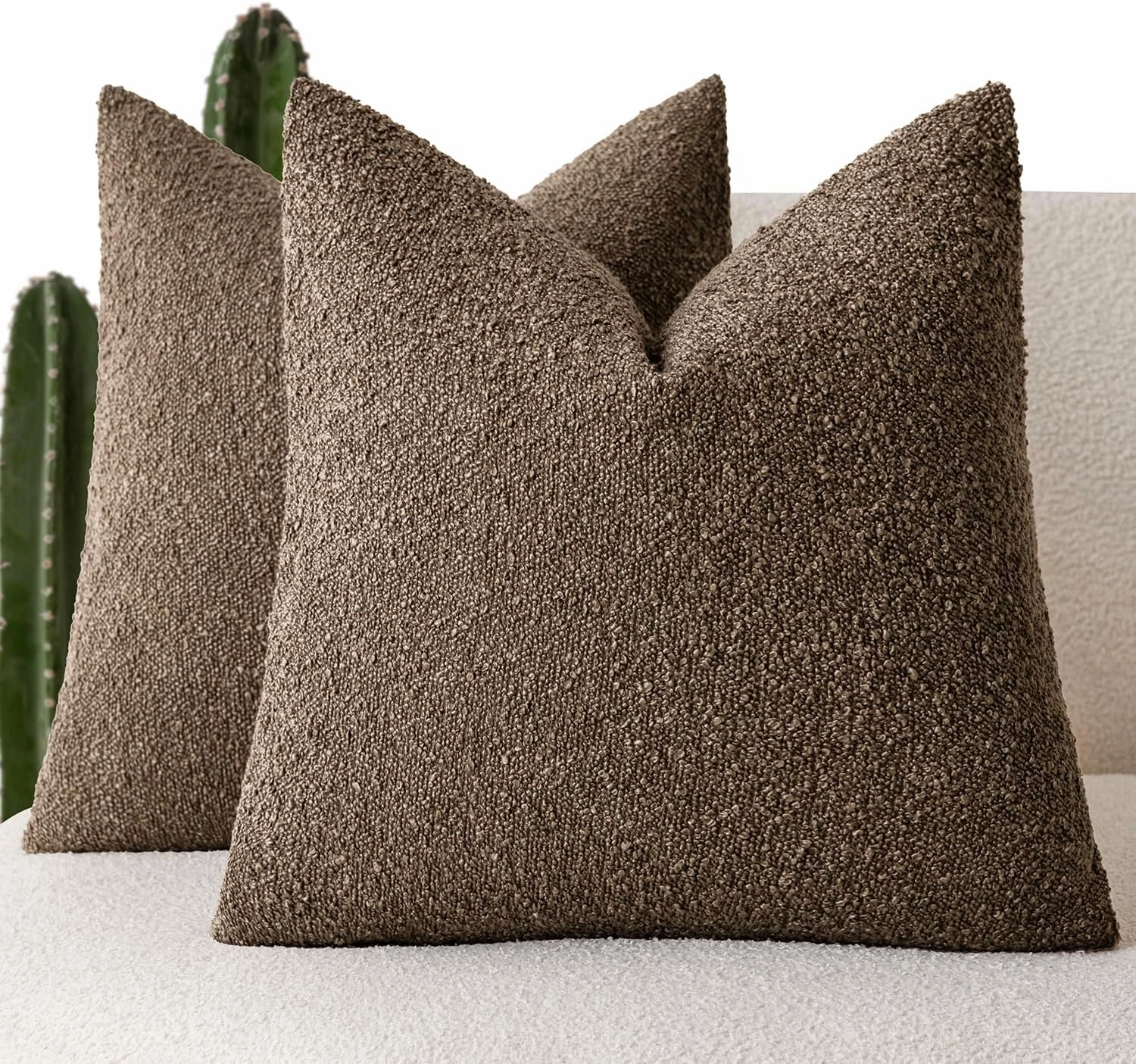 Foindtower Set of 2, Decorative Textured Boucle Throw Pillow Covers Accent Solid Pillow Cases Neutral Soft Cozy Couch Cushion Case for Chair Sofa Bedroom Living Room Home Decor 16x16 Inch Light Brown