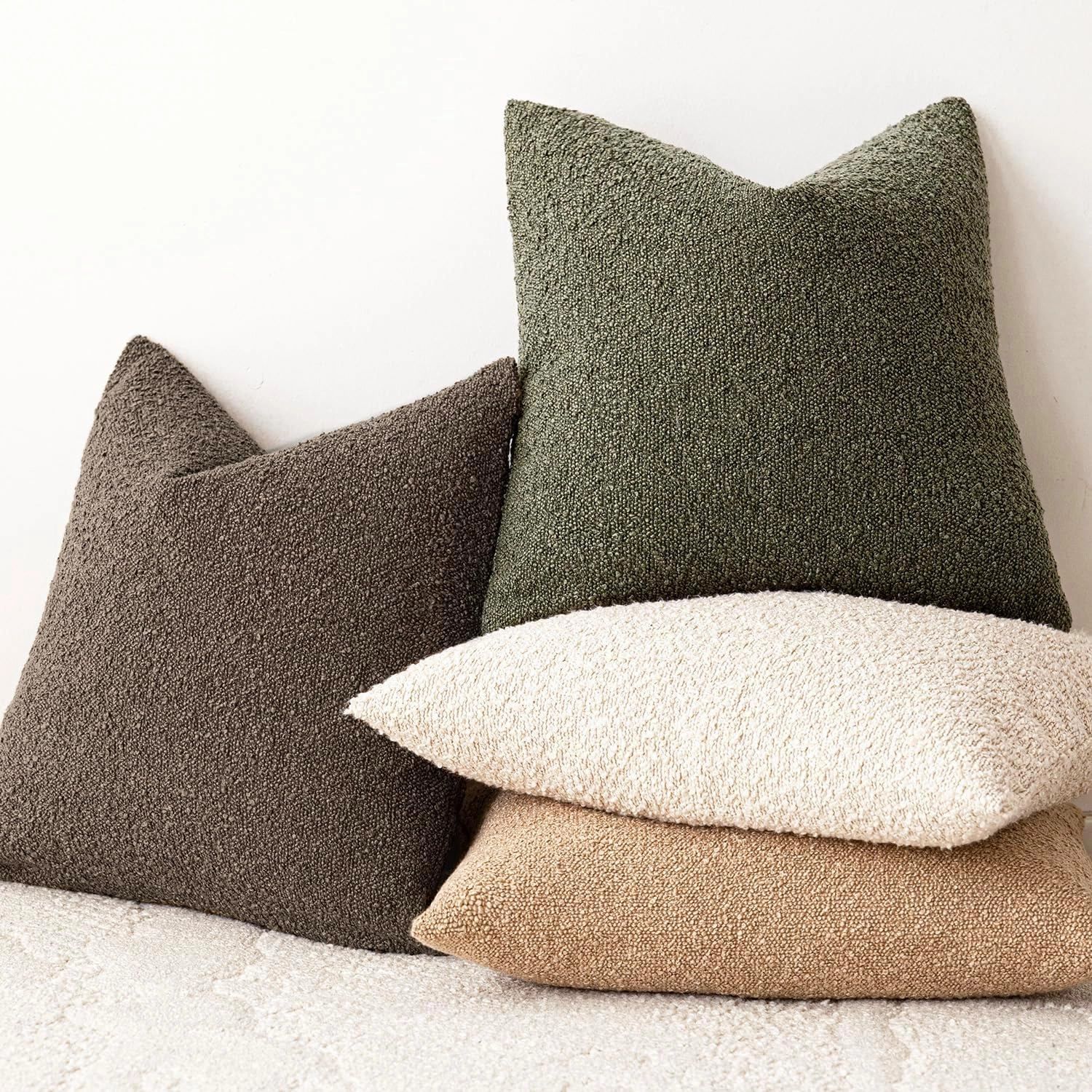 Foindtower Set of 2, Decorative Textured Boucle Throw Pillow Covers Accent Solid Pillow Cases Neutral Soft Cozy Couch Cushion Case for Chair Sofa Bedroom Living Room Home Decor 16x16 Inch Light Brown