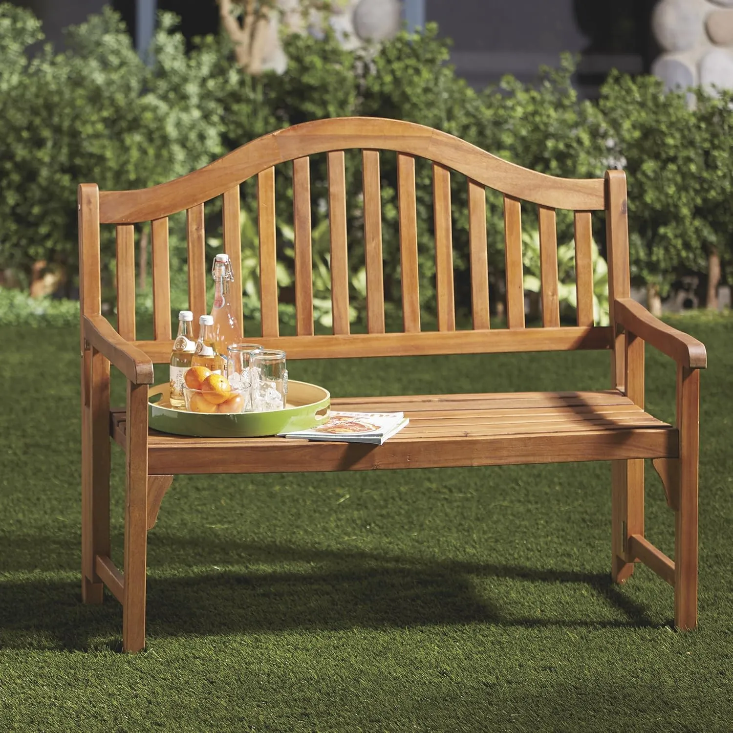 Foldable Acacia Wood Garden Bench, 4 Foot Indoor/Outdoor Wooden Porch, Patio, & Park Seating, Curved Backrest and Armrest, 48" Wide x 24-3/4" Deep x 41" High, Teak Color