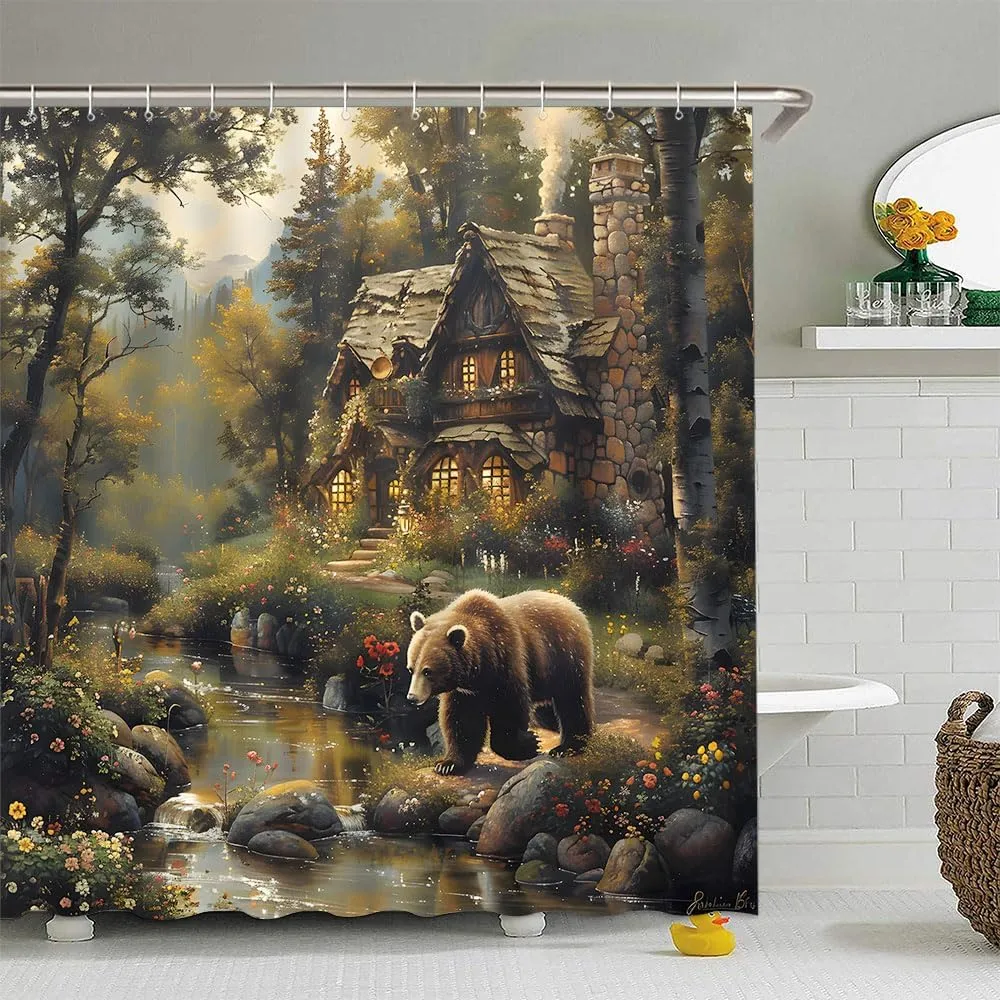 Forest Bear Shower Curtain Rustic Cabin Wildlife Hunting Animal Farmhouse Country Jungle Adventure Mountain Stream Fairy Tale World Bathroom Curtain Set Polyester Fabric Hooks 35 X 70 Inch