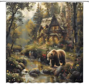 Forest Bear Shower Curtain Rustic Cabin Wildlife Hunting Animal Farmhouse Country Jungle Adventure Mountain Stream Fairy Tale World Bathroom Curtain Set Polyester Fabric Hooks 35 X 70 Inch