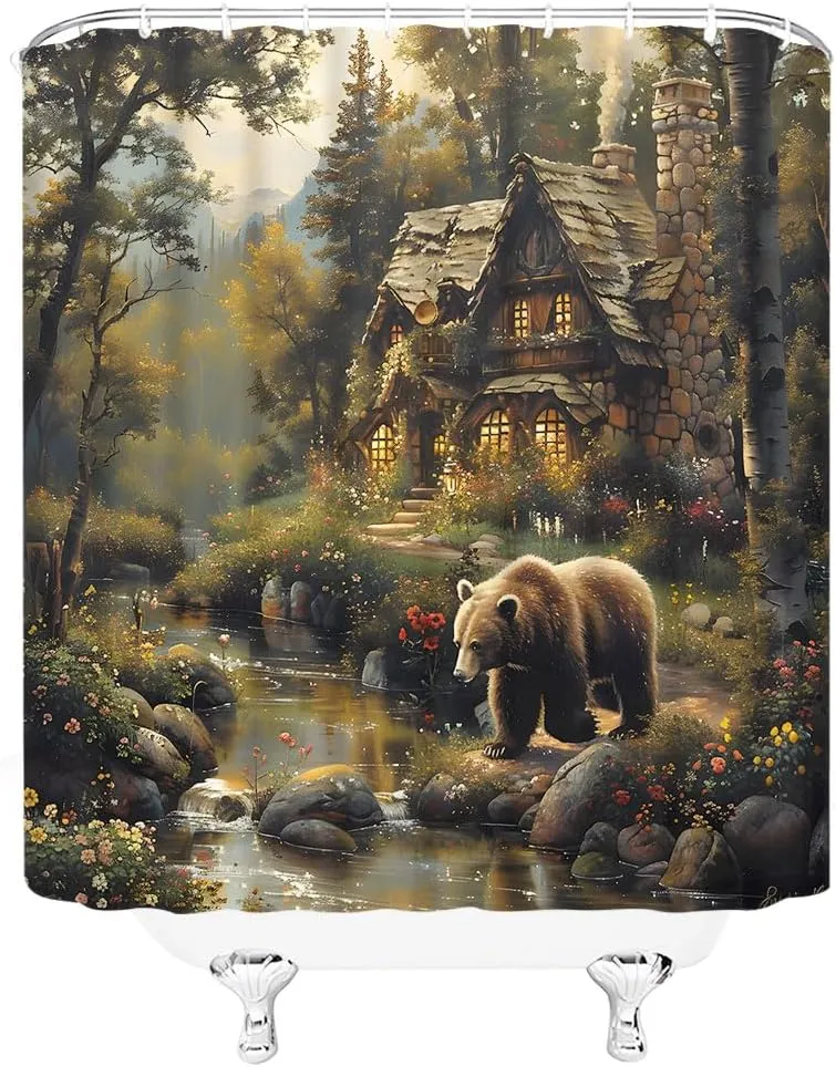 Forest Bear Shower Curtain Rustic Cabin Wildlife Hunting Animal Farmhouse Country Jungle Adventure Mountain Stream Fairy Tale World Bathroom Curtain Set Polyester Fabric Hooks 35 X 70 Inch