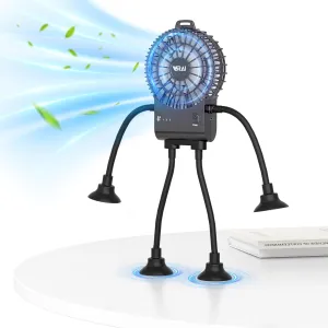 Freestyle Small Robot Fan, Fun Desk Fan with Suckers, Rechargeable Portable Fan and Phone Stand 2 in 1 for Office, Travel and Cars, Black