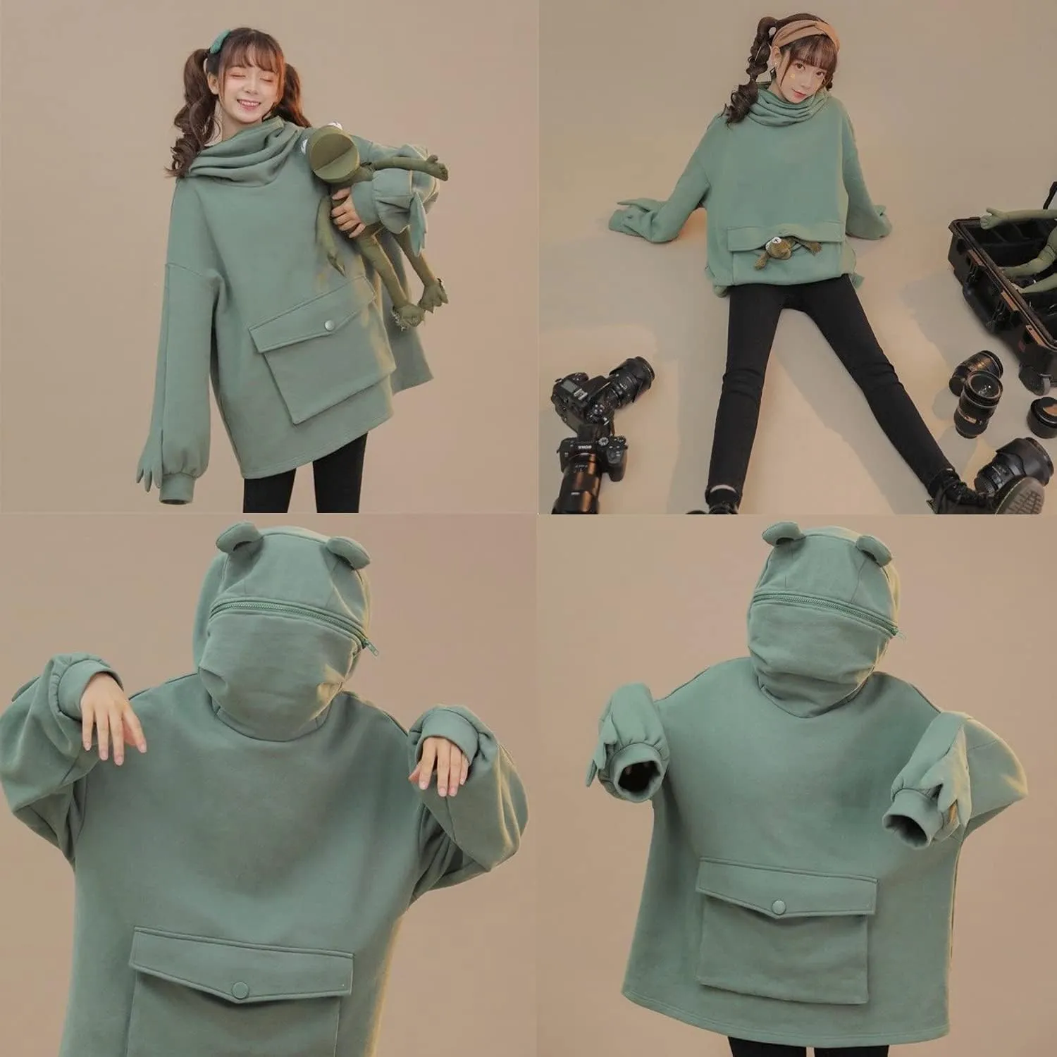 Frog Hoodie Sweatshirt Zipper Mouth for Women Teen Girls