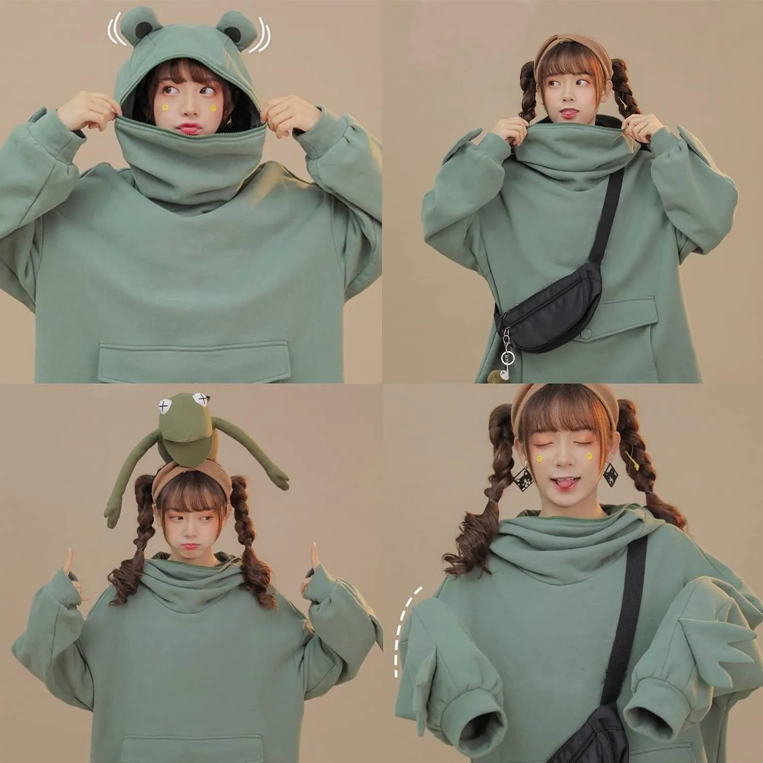 Frog Hoodie Sweatshirt Zipper Mouth for Women Teen Girls