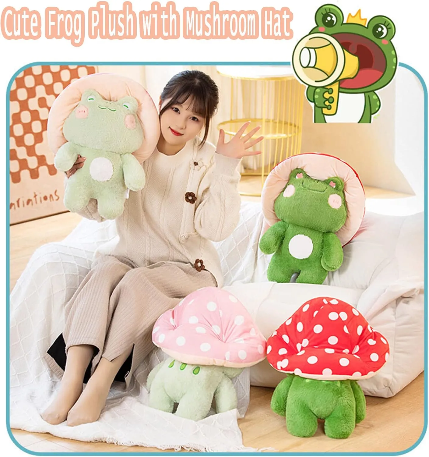 Frog Plush Toys, 17" Cute Frog with Red Mushroom Hat Stuffed Animals, Kawaii Plushies Gift for Kids Girls Adults Valentines Birthdays Gift（Light Green Pink hat, 17inch）