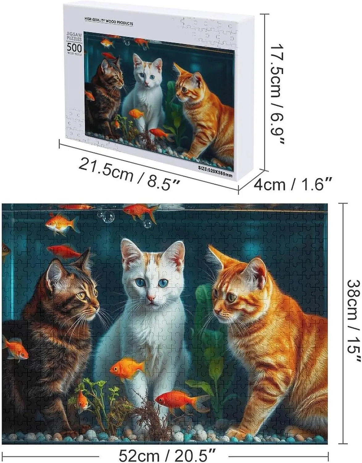 Funny Cat and Fish 500 Piece Puzzle Jigsaw Puzzle for Adults and Kids Greaty Family Game Night Activity - Unique Precision Fit Pieces