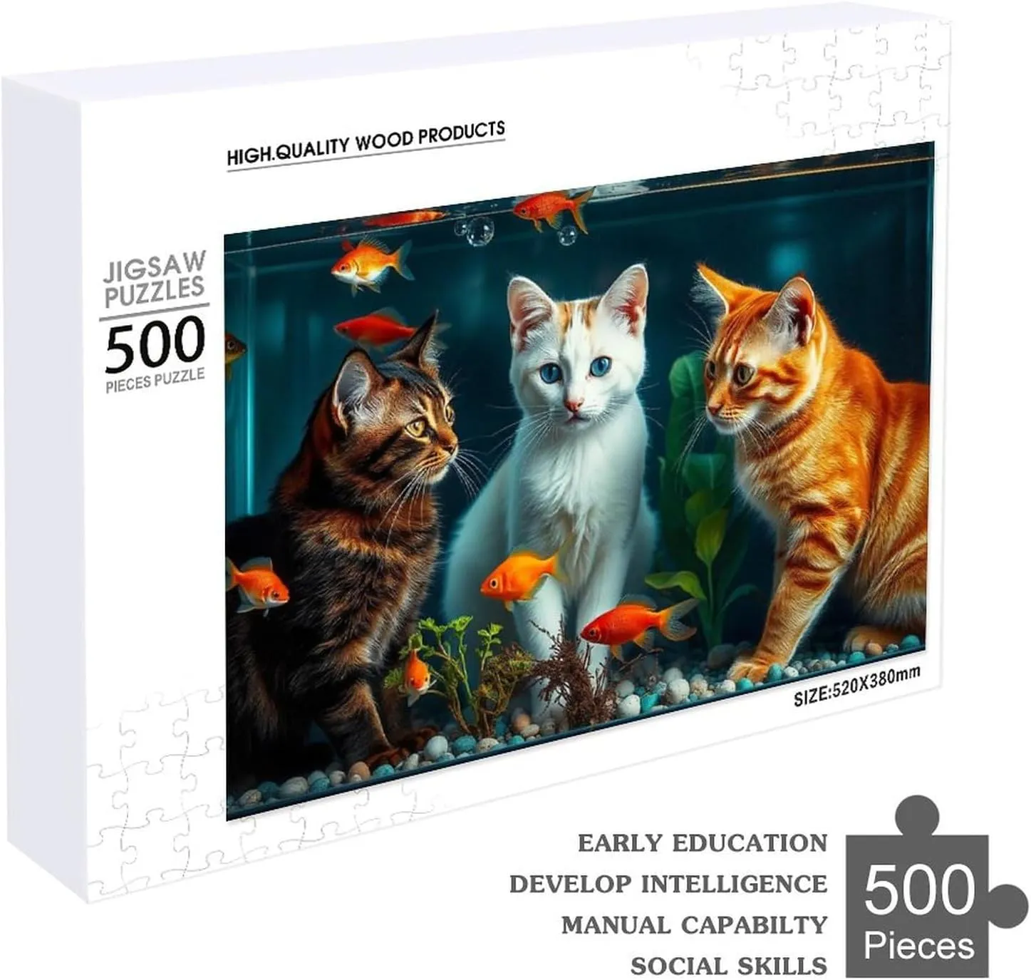 Funny Cat and Fish 500 Piece Puzzle Jigsaw Puzzle for Adults and Kids Greaty Family Game Night Activity - Unique Precision Fit Pieces