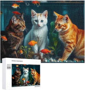 Funny Cat and Fish 500 Piece Puzzle Jigsaw Puzzle for Adults and Kids Greaty Family Game Night Activity - Unique Precision Fit Pieces
