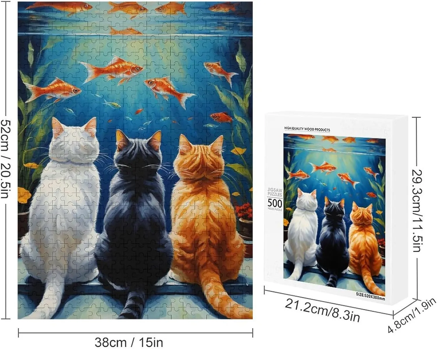 Funny Cat and Fish Impossible Hard Difficult Puzzle 500 Piece Challenging Puzzles Simple Fashion Jigsaw Puzzles for Adults Kids for Game Home Decor